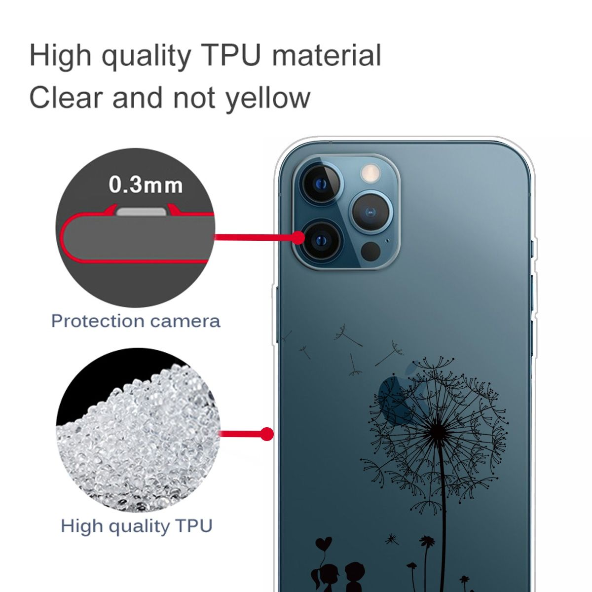 Transparente Handyhülle mit Löwenzahnmotiv. Die Hülle ist auf einem Telefon.