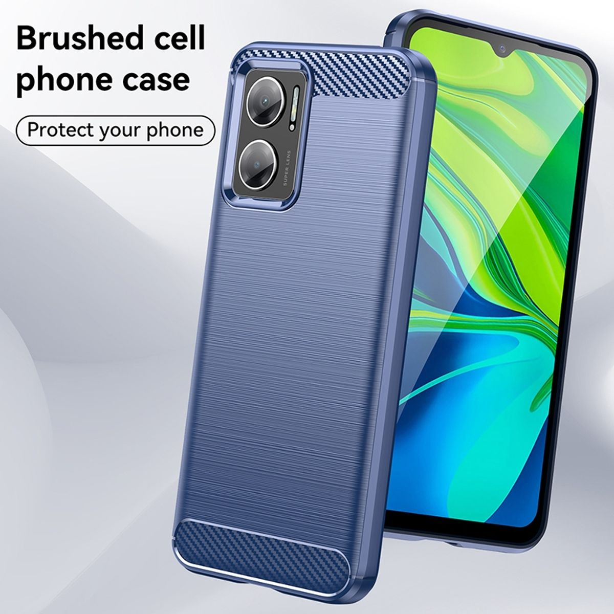 Blaue Handyhülle mit strukturierter Oberfläche, mit Telefon darin.