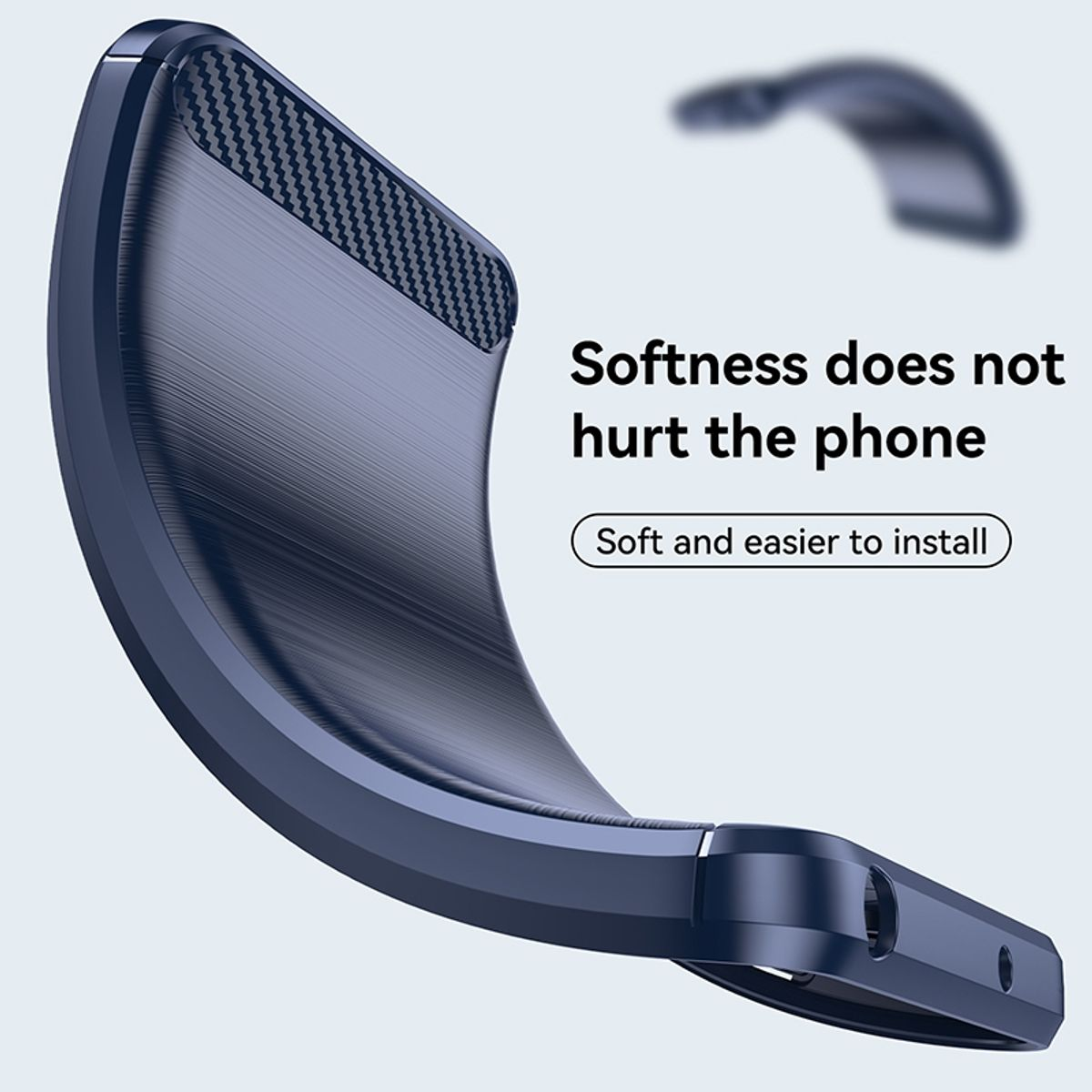 Blaue Handyhülle, geschwungenes Design. Der Text besagt: Weichheit schadet dem Telefon nicht. Einfach zu installieren.