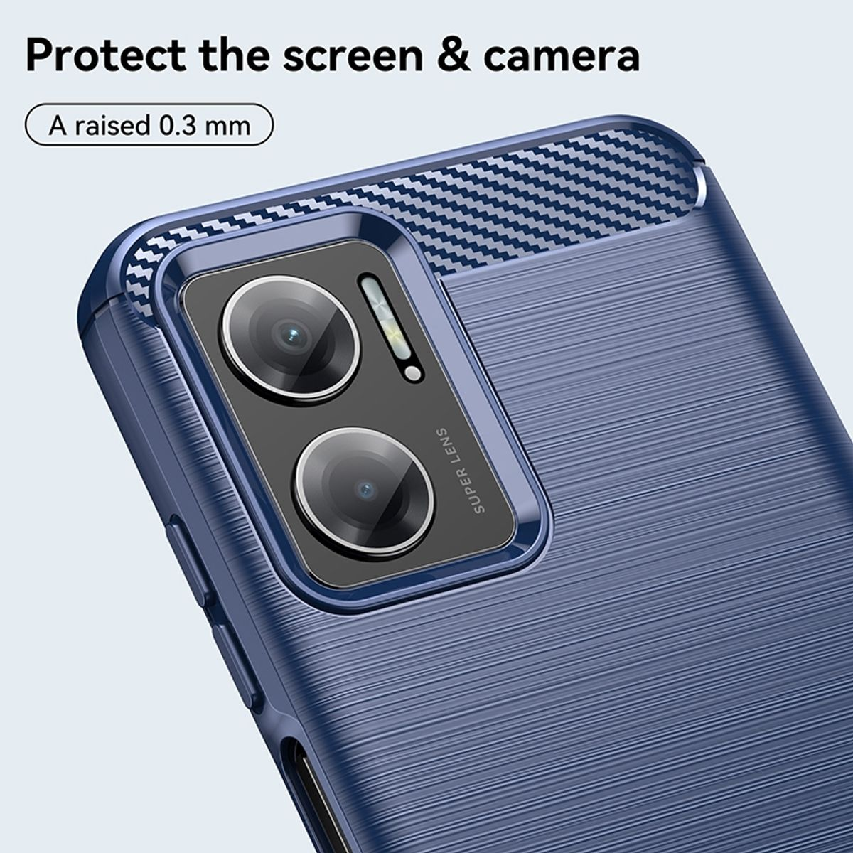 Nahaufnahme einer blauen Handyhülle, die die Kamera schützt, mit dem Text 'Super Lens'.