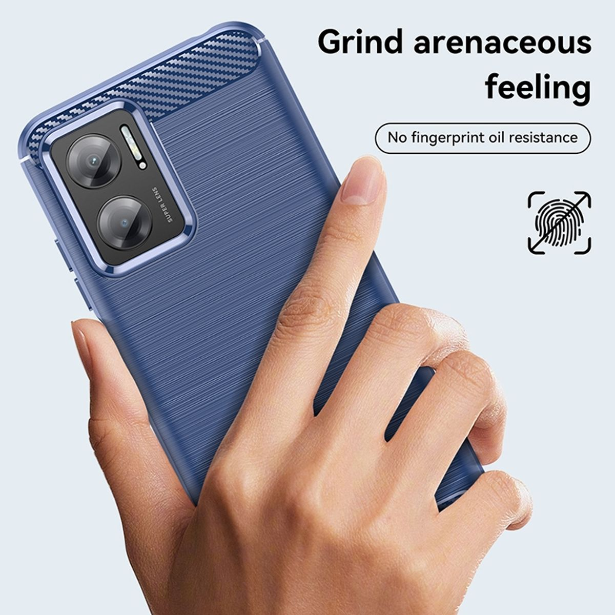 Hand hält blaue Handyhülle. Text: 'Grind arenaceous feeling' und 'No fingerprint oil resistance'.
