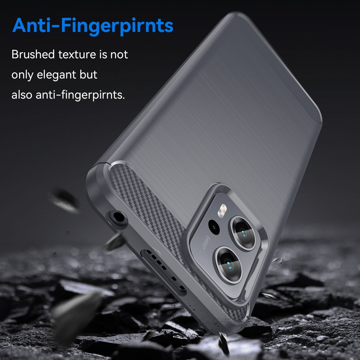 Eine graue Handyhülle mit Karbonfasertextur, mit dem Text 'Anti-Fingerprints'. Die Hülle fällt.