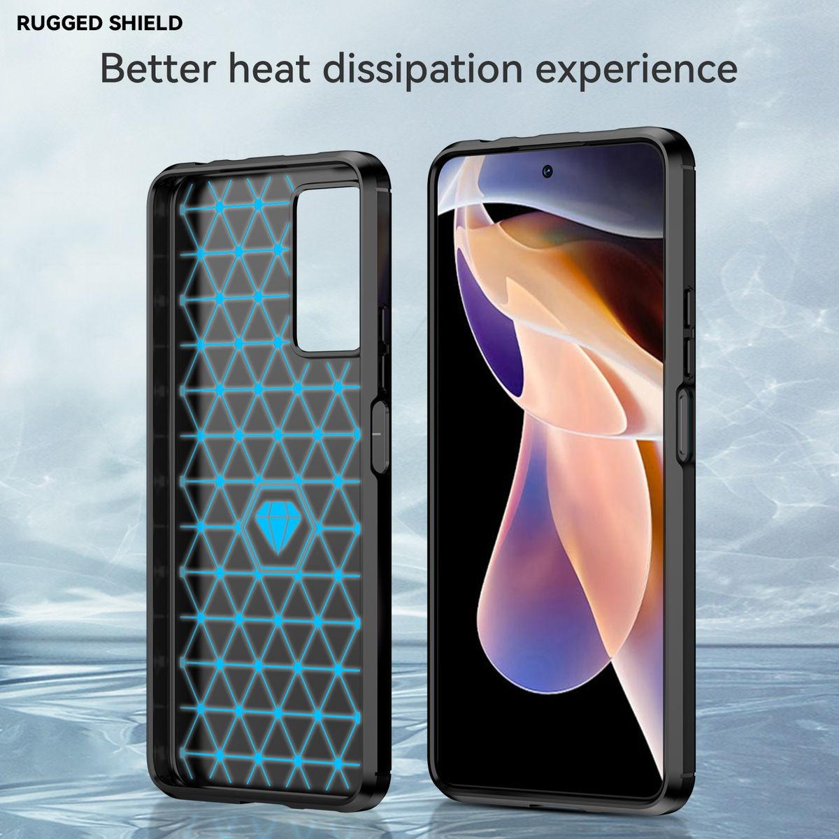 Schwarze Handyhülle innen mit blauem Wabenmuster. Das Telefon ist rechts.