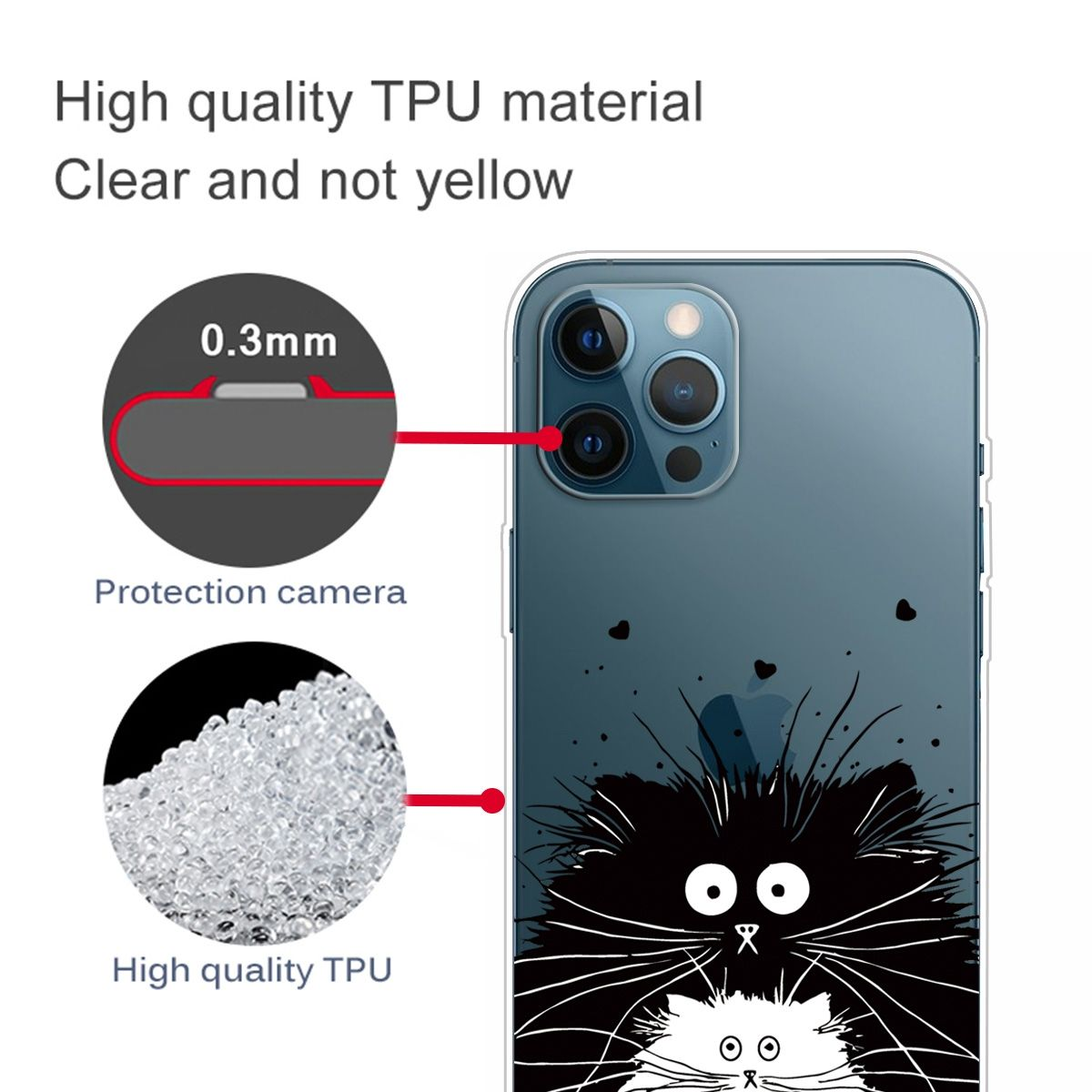 Handyhülle mit einem schwarz-weißen Katzenmotiv und Text über TPU-Material.