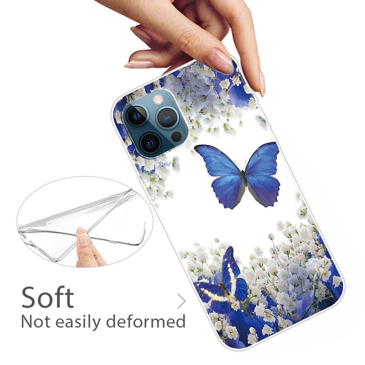 Hand hält Handyhülle mit blauem Schmetterlingsdesign und weißen Blumen. Klare Kunststoffauflage zeigt Flexibilität.