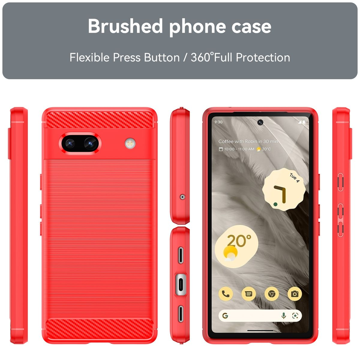 Eine rote Handyhülle auf Weiß, mit einem Telefonbildschirm, verschiedene Winkel.