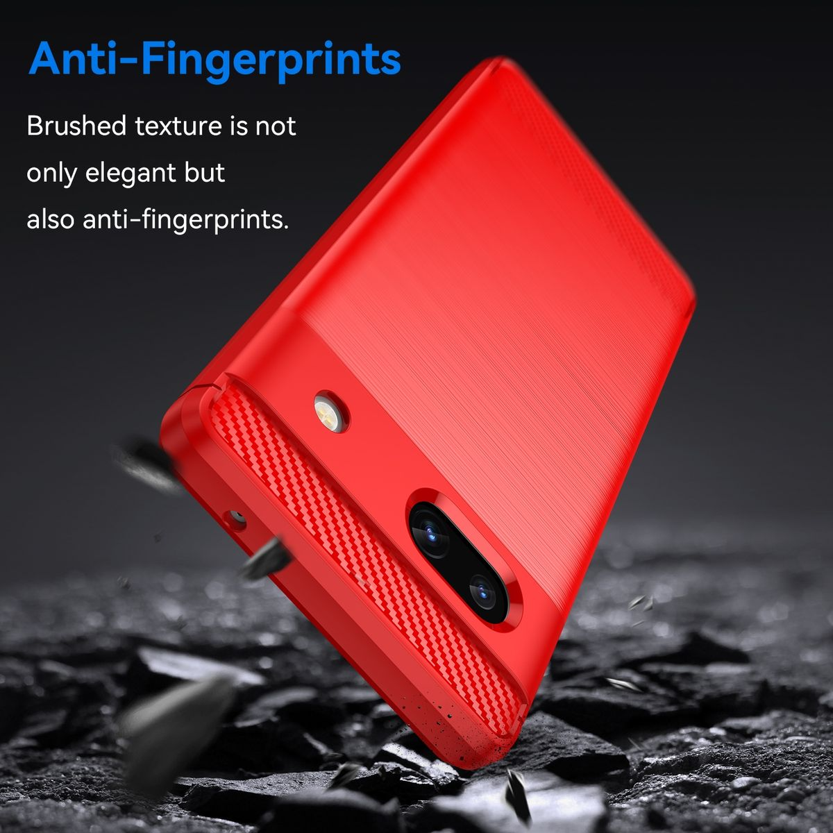 Rote Handyhülle mit gebürsteter Textur. Die Hülle befindet sich auf dunkler Oberfläche. Text: 'Anti-Fingerprints'.