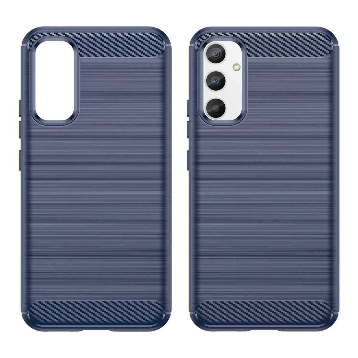 Zwei dunkelblaue Handyhüllen. Eine hat einen Kameraausschnitt und die andere eine Öffnung für das Telefon.
