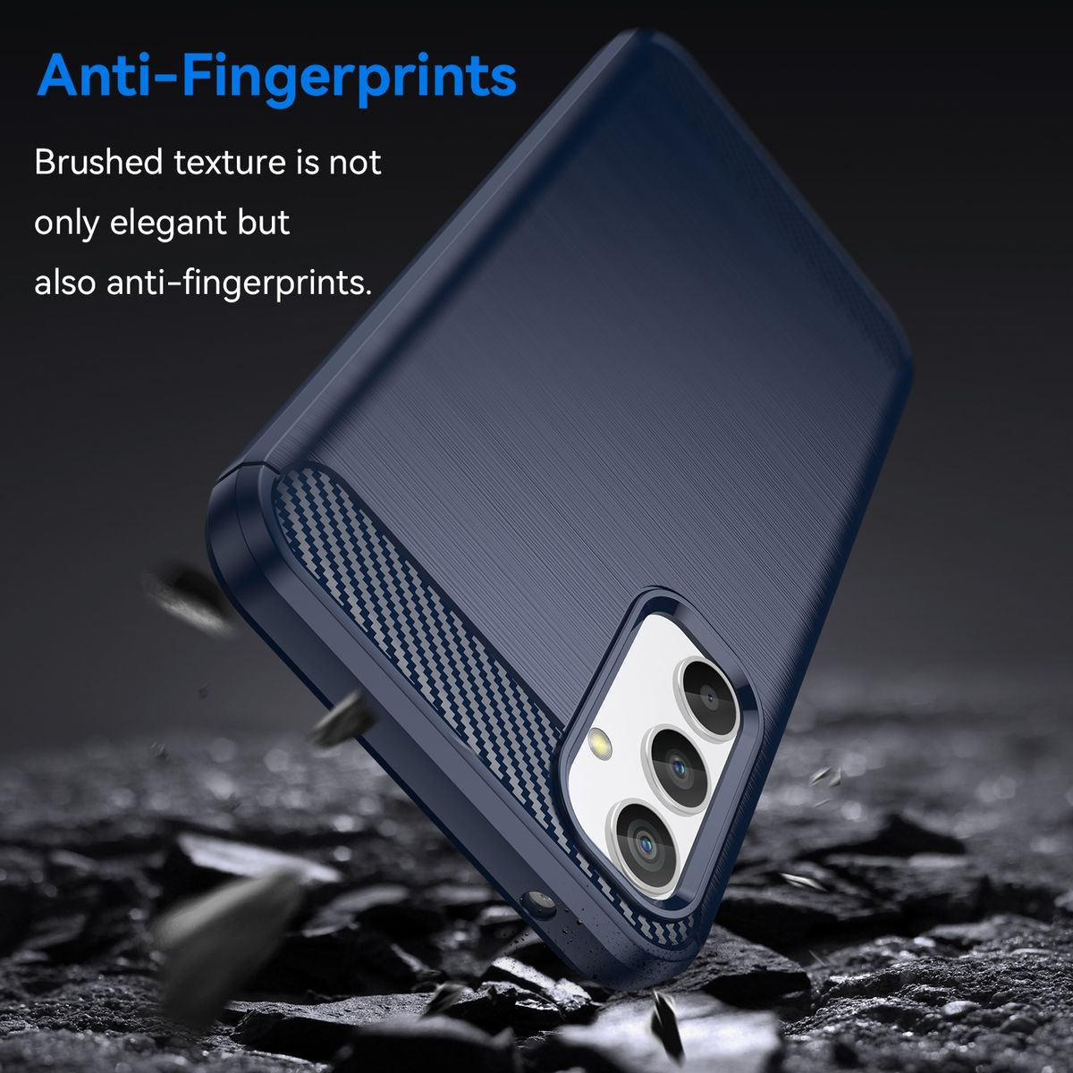 Dunkelblaue Handyhülle mit strukturierter Oberfläche. Text: Anti-Fingerprints. Hintergrund dunkel.