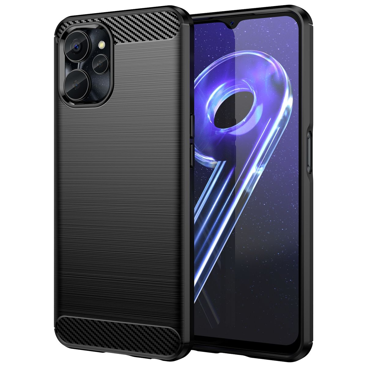 Schwarze Handyhülle mit Kohlefaserstruktur. Telefon hat 3 Kameras. Hülle hat quadratisches Design.