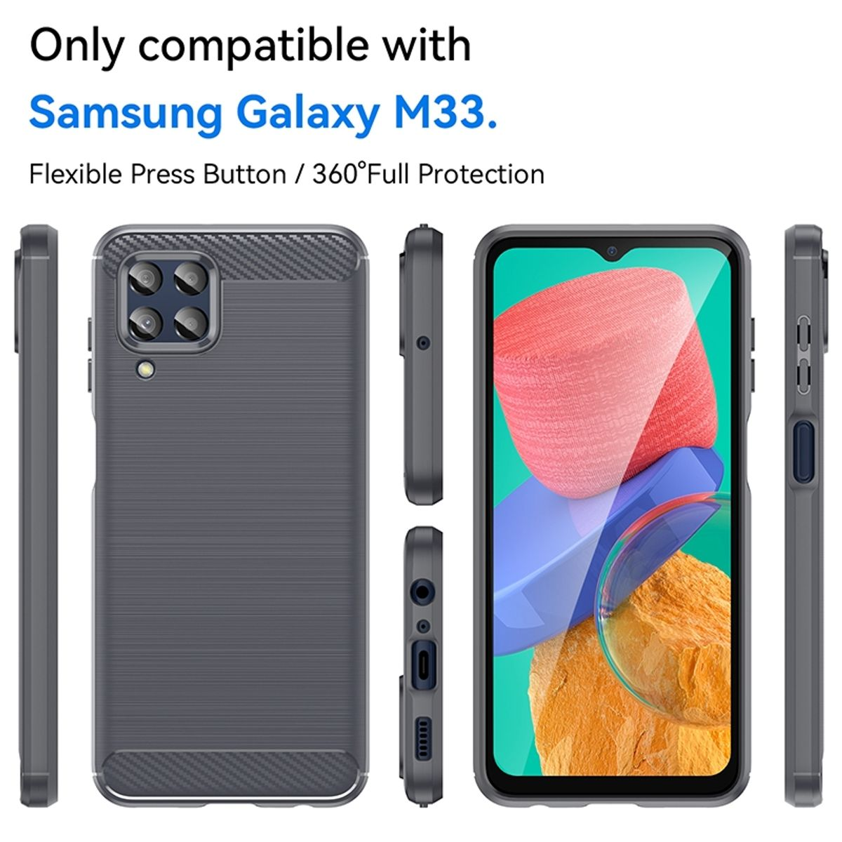 Graue Handyhülle für Samsung Galaxy M33. Mehrere Ansichten. Schwarzer Hintergrund. Nur kompatibel mit M33.