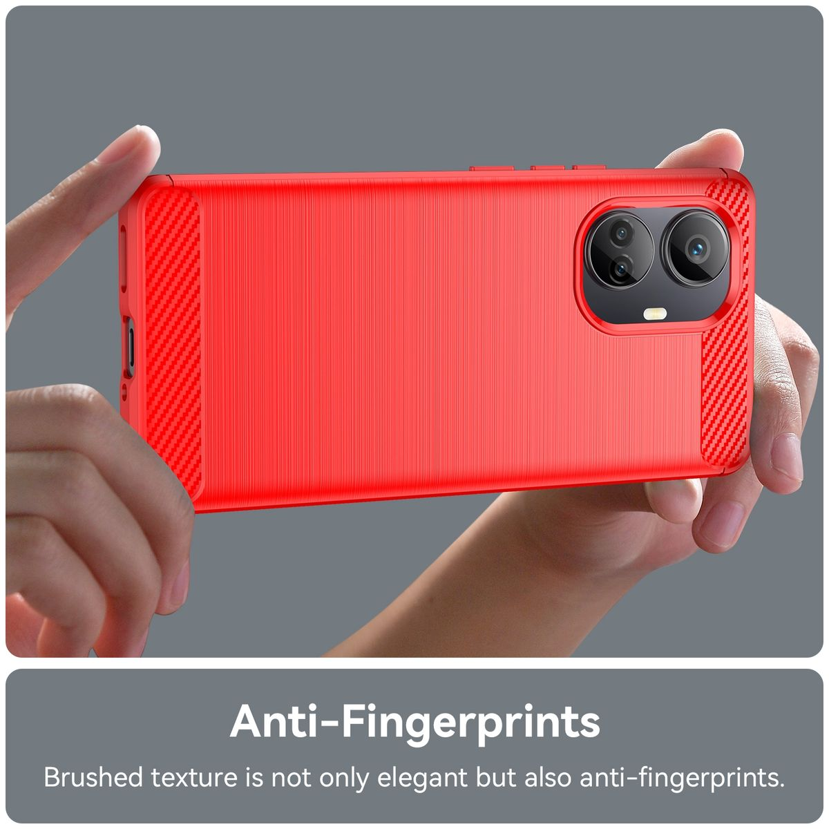 Eine rote Handyhülle, die gehalten wird, Text: Anti-Fingerabdrücke, gebürstete Textur ist elegant.