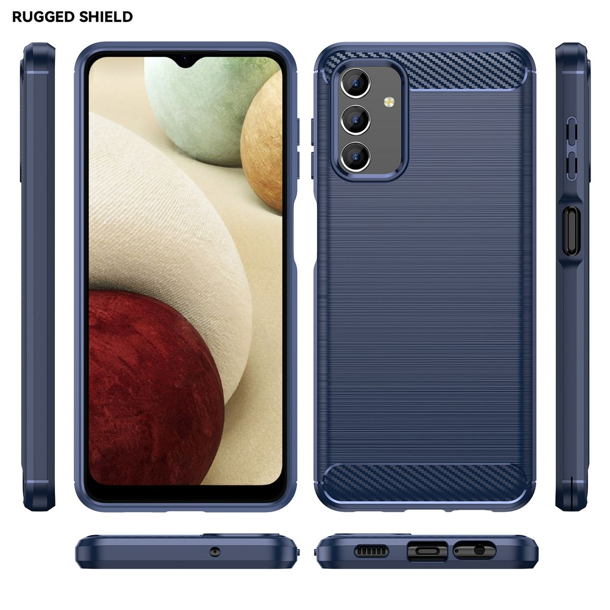 Blaue Handyhülle mit mehreren Ansichten. Marineblaue Farbe. Schwarzer Hintergrund. Telefon nicht sichtbar.