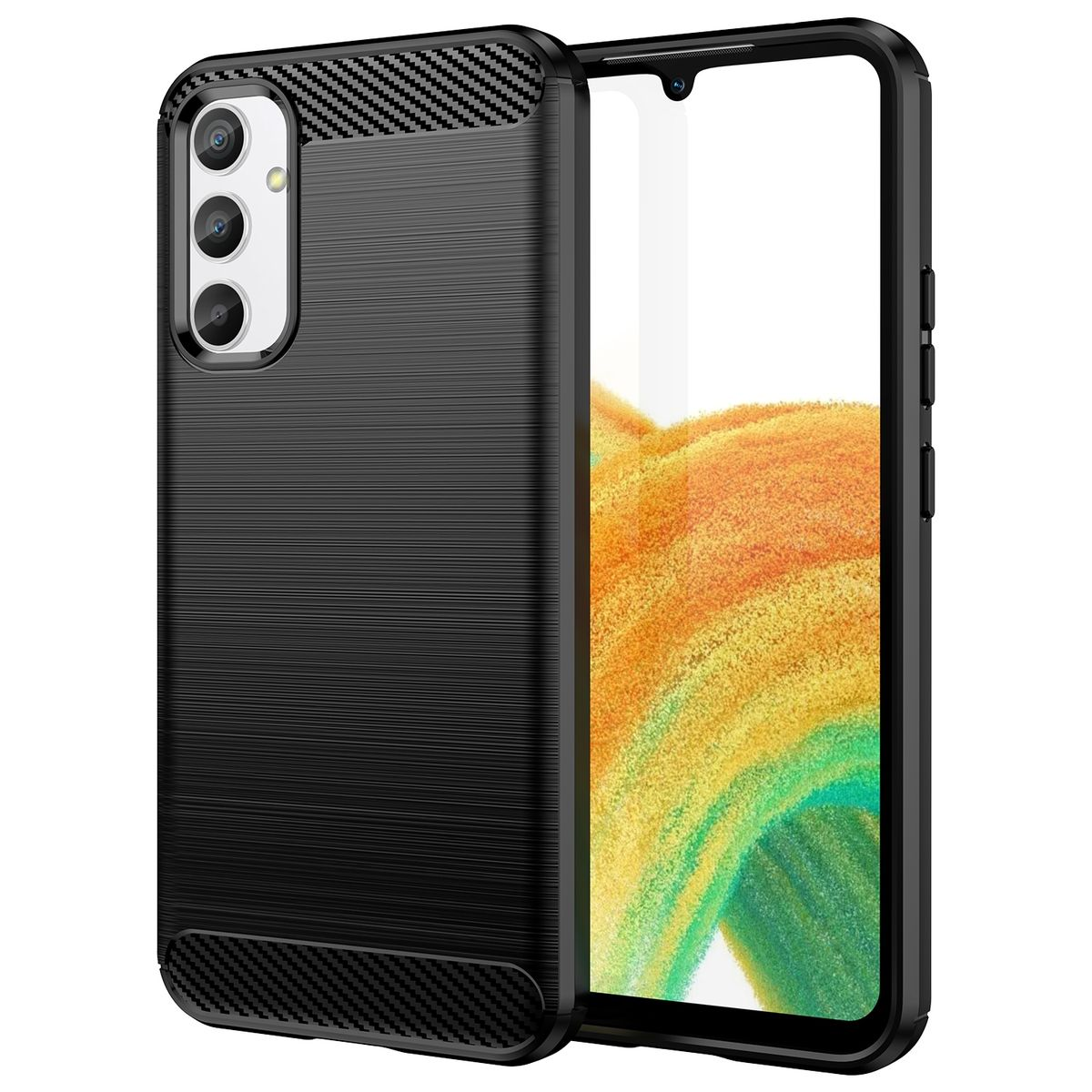 Schwarze Handyhülle mit strukturierter Rückseite und einem Telefon darin. Die Hülle wird geöffnet und geschlossen gezeigt.