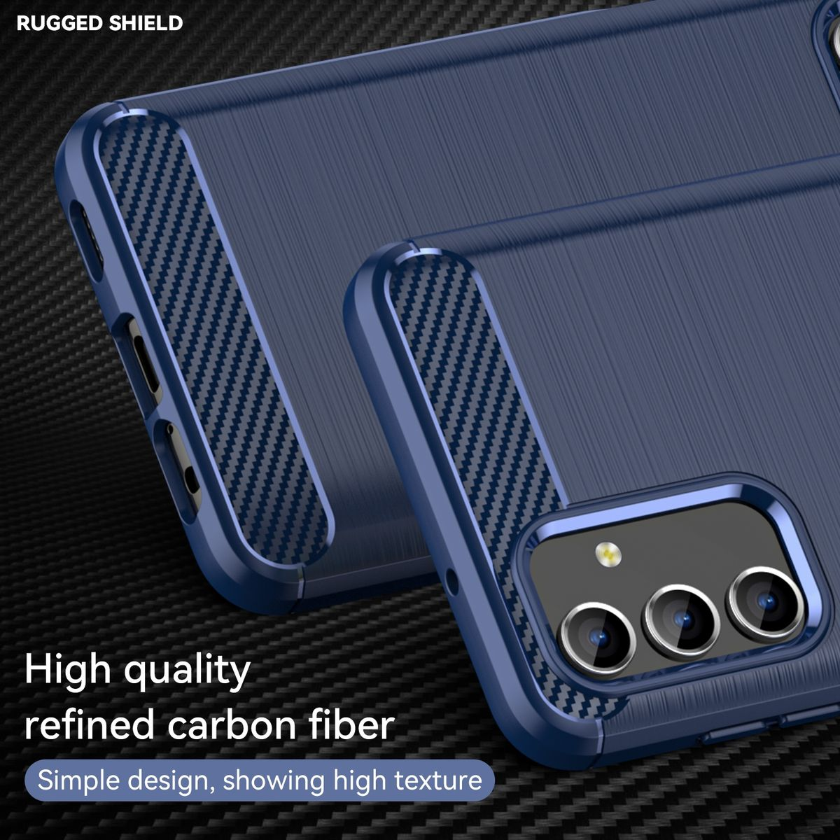 Blaue Handyhülle mit Carbonfaserdesign. Die Hülle ist robust und hat Seitenschutz.