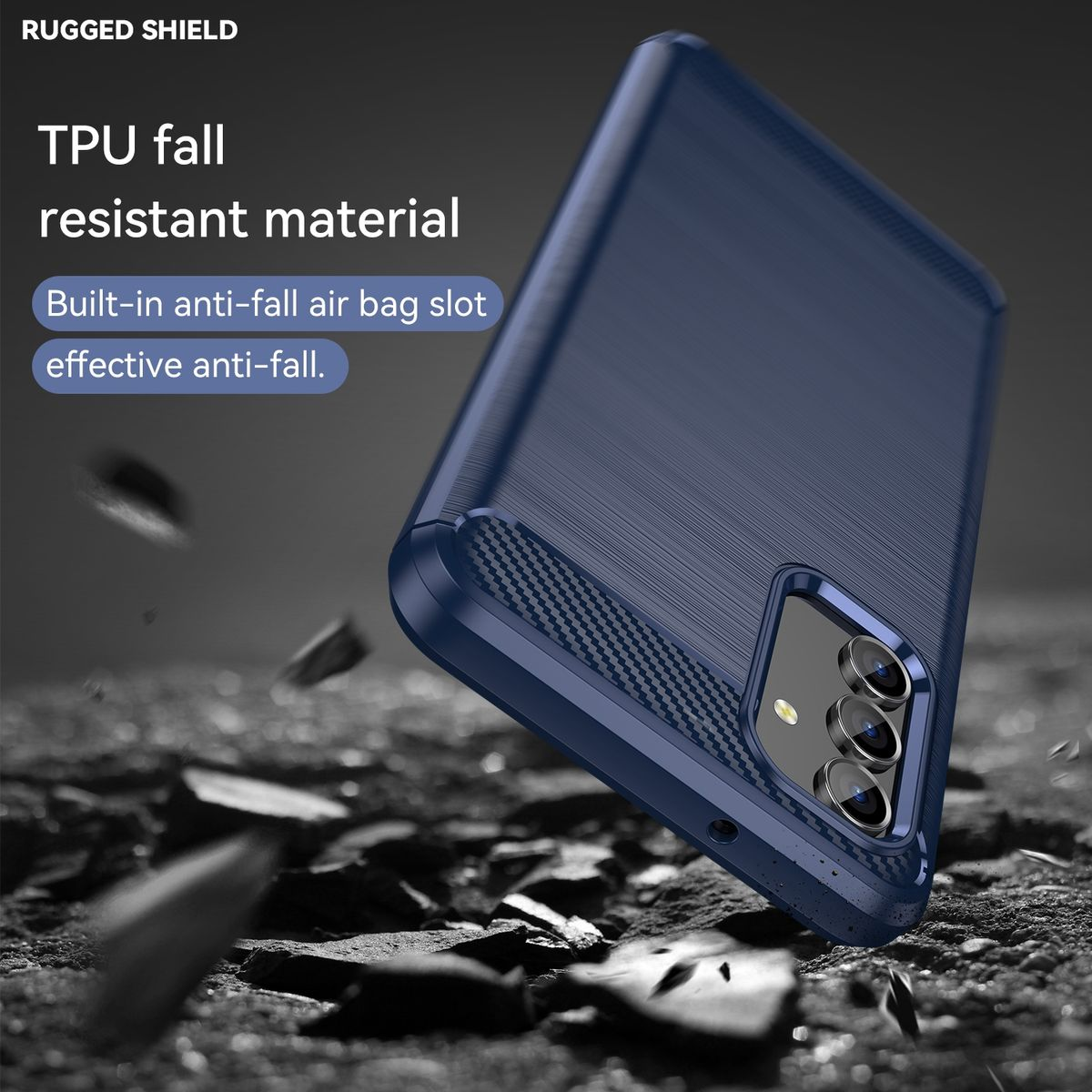 Blaue Handyhülle mit Text über TPU-Material und Anti-Fall-Funktionen, auf strukturierter Oberfläche.