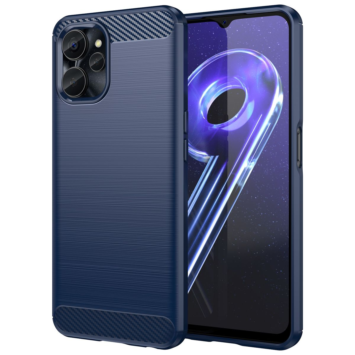 Blaue Handyhülle mit Karbonfasermuster. Das Telefon wird mit einem Bildschirm angezeigt.