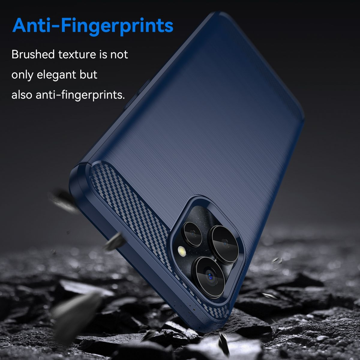 Eine marineblaue Handyhülle ist abgewinkelt, mit strukturiertem Design. Der Text sagt „Anti-Fingerabdrücke“.