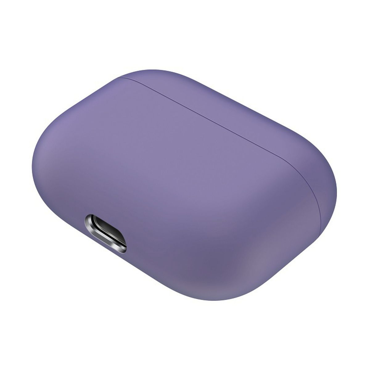 Ein lila, oval geformtes Etui für Ohrhörer mit einem Ladeanschluss an der Seite.