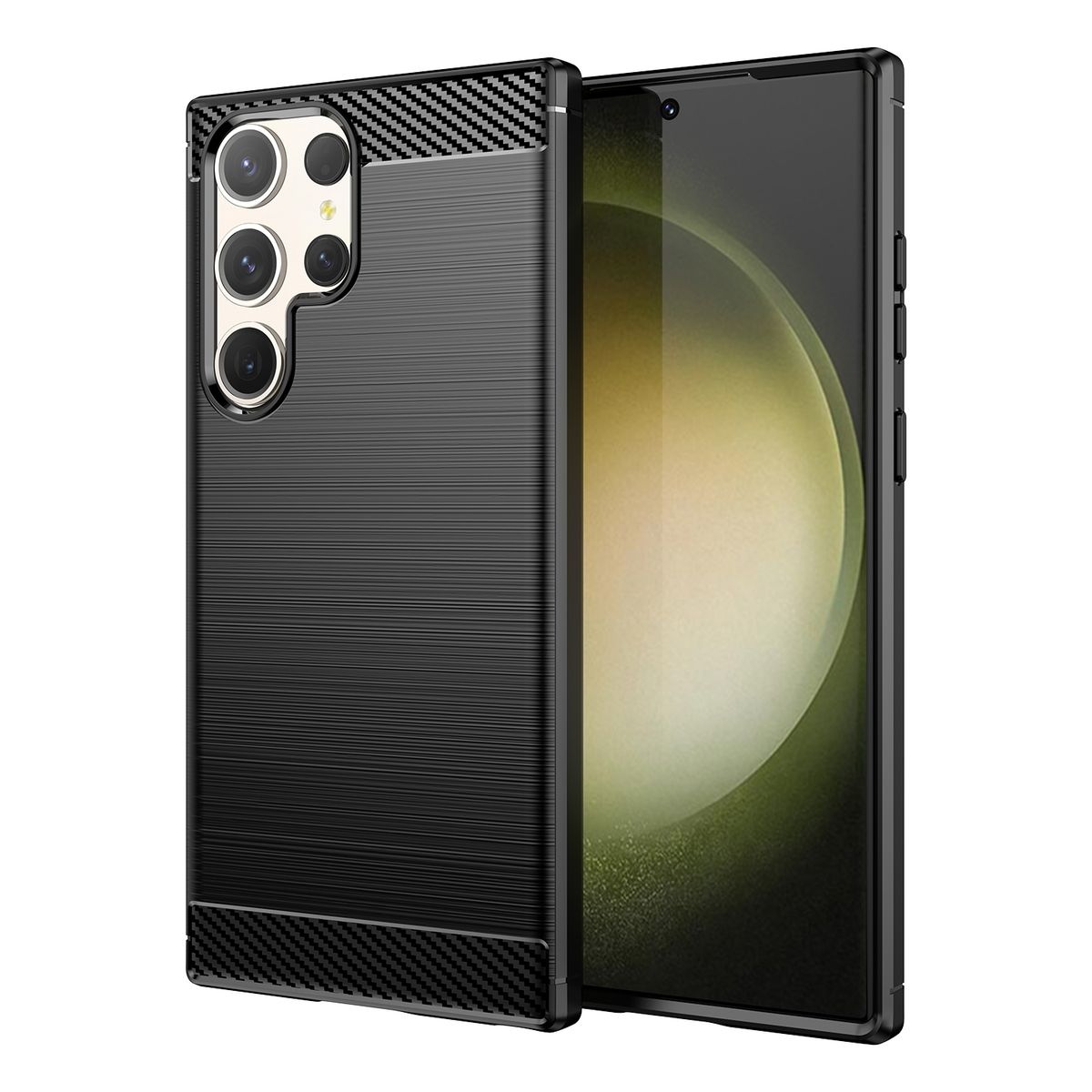 Schwarze Handyhülle mit Carbonfaserstruktur. Zeigt ein Telefon mit sichtbarem Bildschirm.