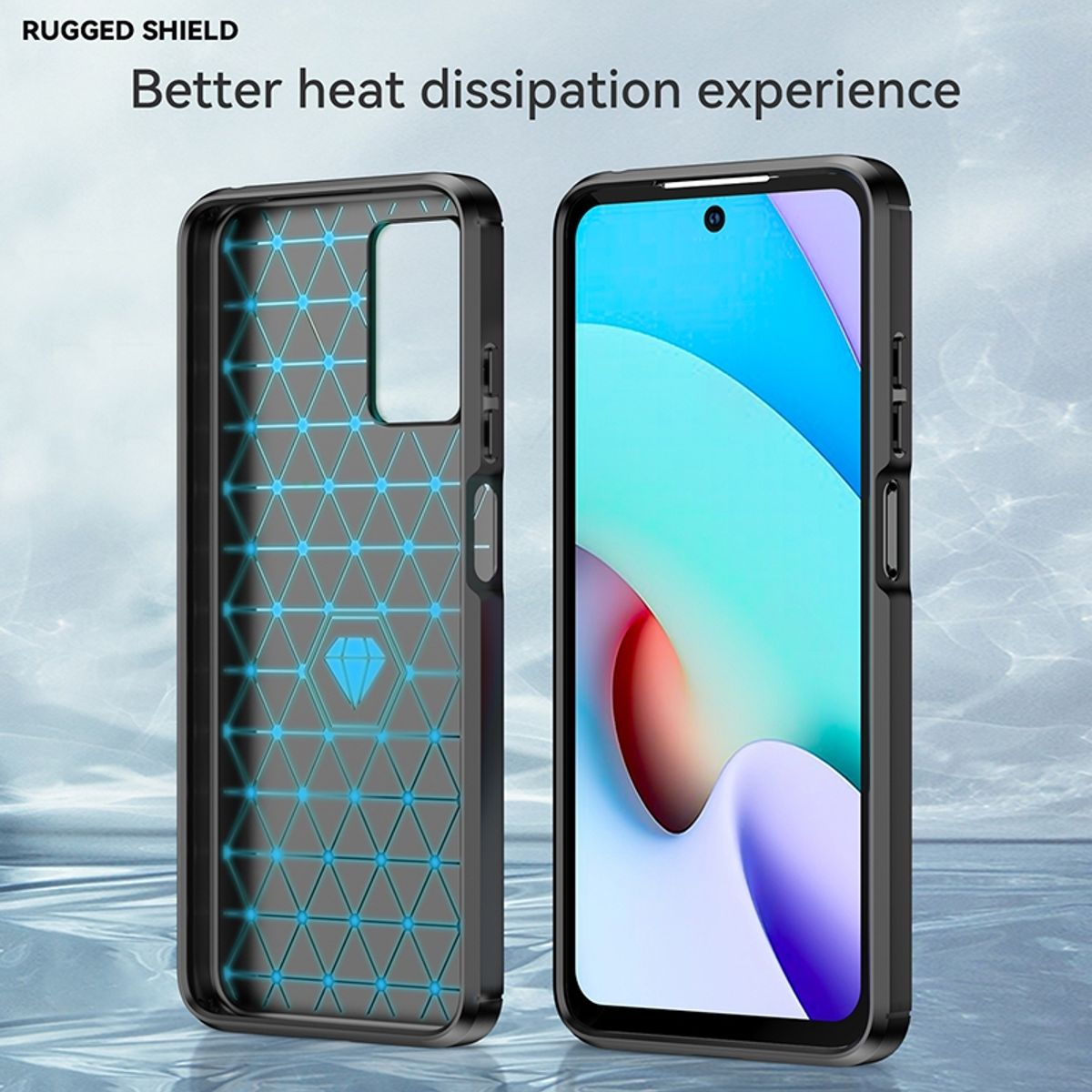 Handyhülle mit blauem Innenraum, schwarzem Äußeren und robustem Design. Telefon ist sichtbar. Schützend.
