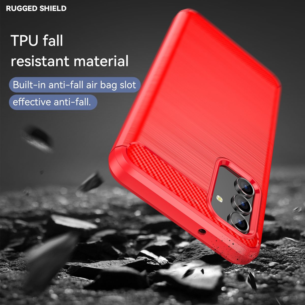 Rote Handyhülle mit robustem Design. Schwarzer Hintergrund mit Trümmern.