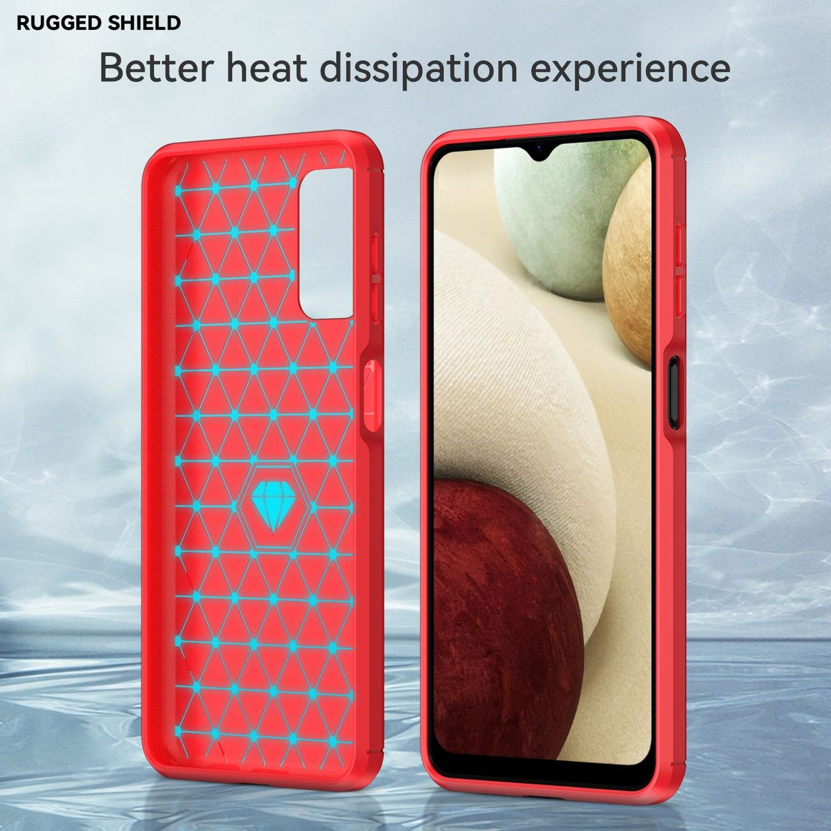 Rote Handyhülle mit geometrischem Muster innen. Ein Telefon ist in der Hülle. Text: Rugged Shield.