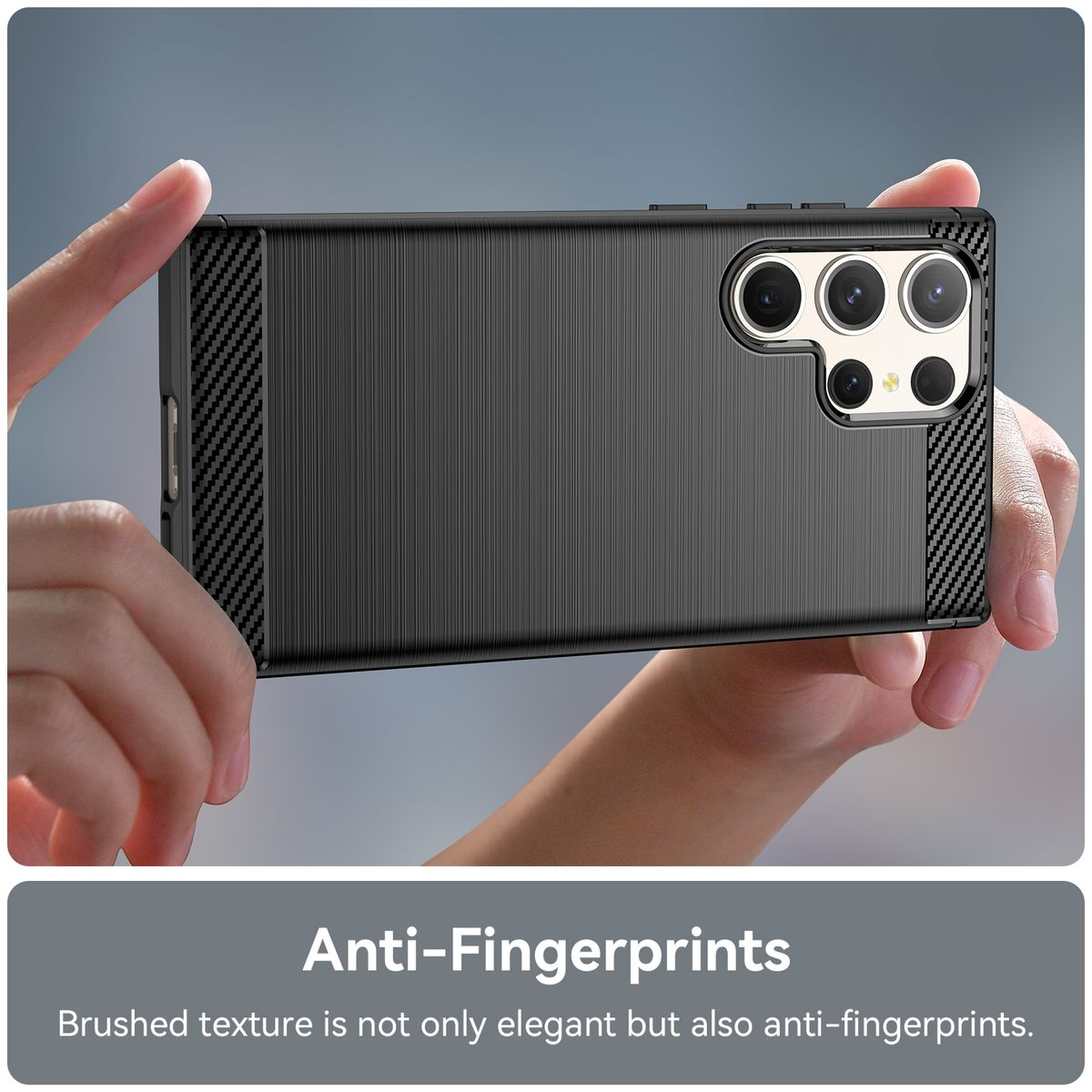 Schwarze Handyhülle mit Karbonfaserstruktur. Anti-Fingerabdrücke. Gebürstete Textur.