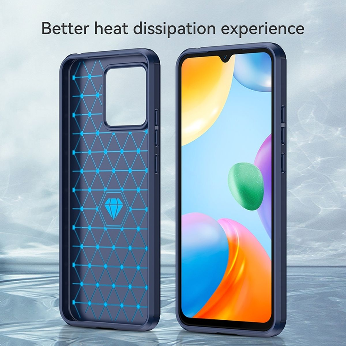 Eine dunkelblaue Handyhülle und ein Telefon. Die Hülle hat blaue Akzente und ein geometrisches Muster innen.