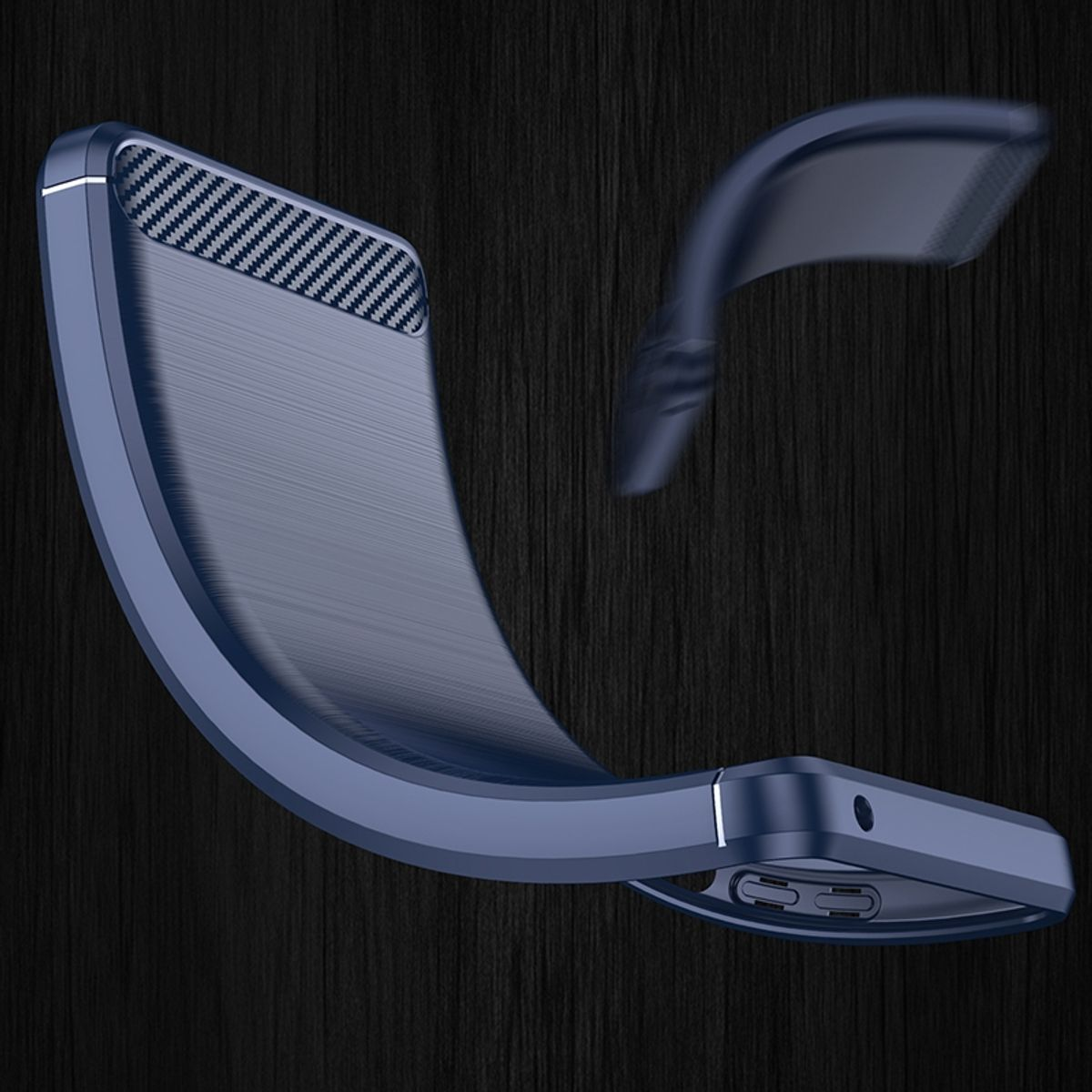 Blaue Handyhülle mit Karbonfaser-Textur, offen und schwebend. Die Hülle hat ein modernes Design.
