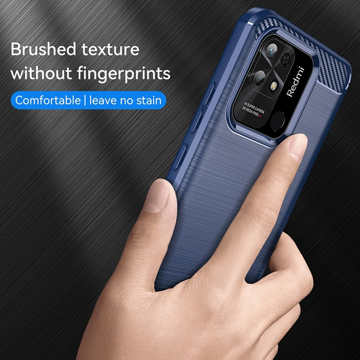 Dunkelblaue Handyhülle mit Smartphone. Es gibt einen Text-Overlay und ein strukturiertes Finish.
