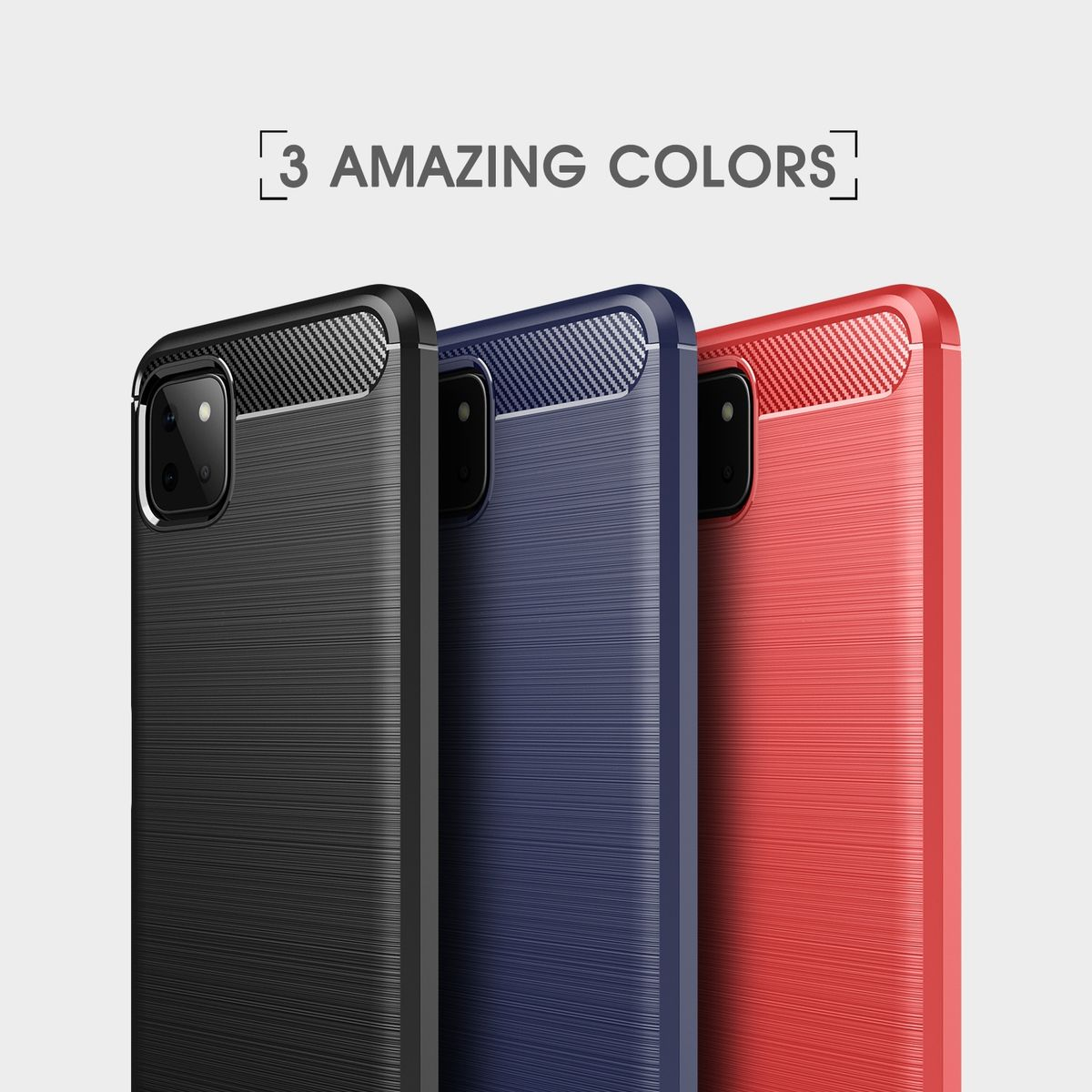 Drei Handyhüllen in Schwarz, Blau und Rot, mit Karbonfaser-Design oben.
