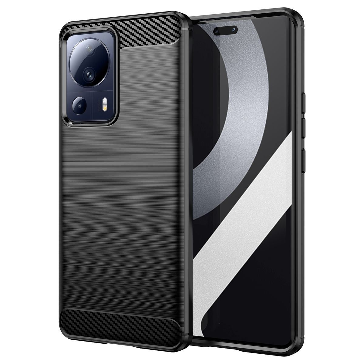 Schwarze Handyhülle mit Carbonfaser-Design. Das Telefon sitzt in der Hülle.