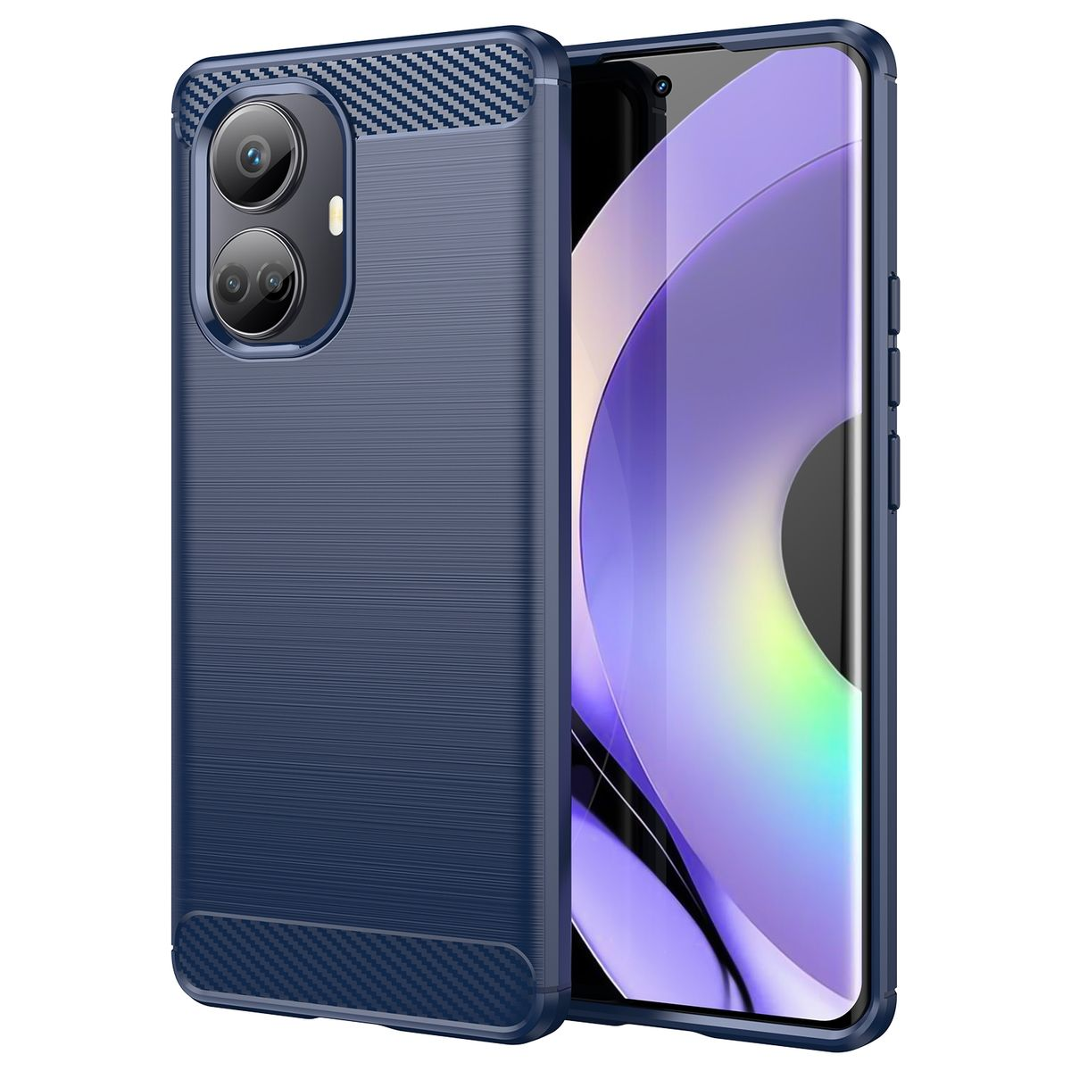 Blaue Handyhülle auf einem Handy. Die Hülle hat ein Karbonfaser-Design.