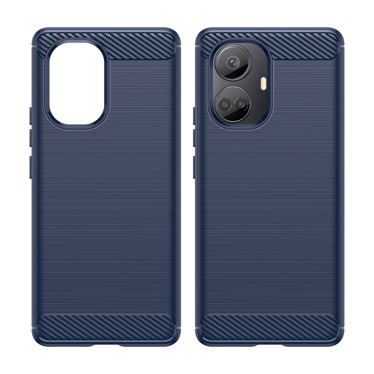 Zwei Telefonhüllen nebeneinander. Sie sind blau mit einem Kohlefaser-Muster.