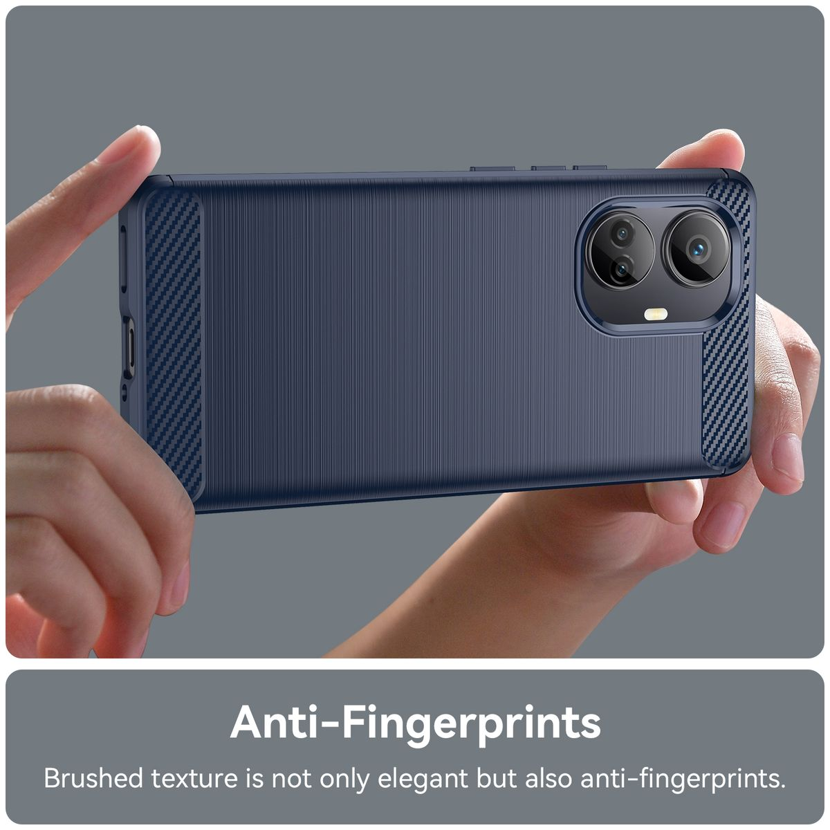 Hände halten marineblaue Handyhülle. Text beschreibt Anti-Fingerabdrücke und Textur.