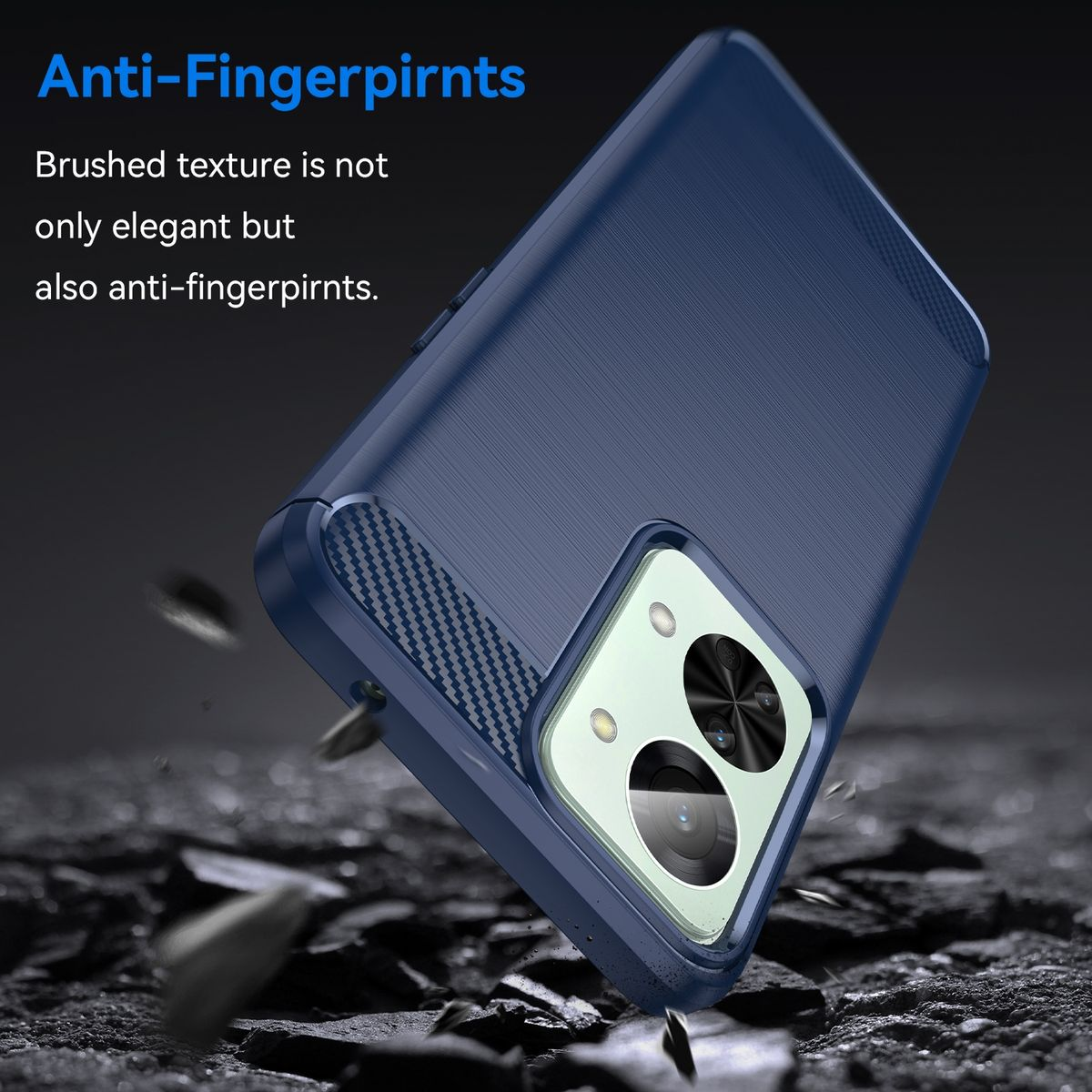 Eine blaue Handyhülle mit gebürsteter Textur, die ein Telefon mit Dreifach-Kamera zeigt.
