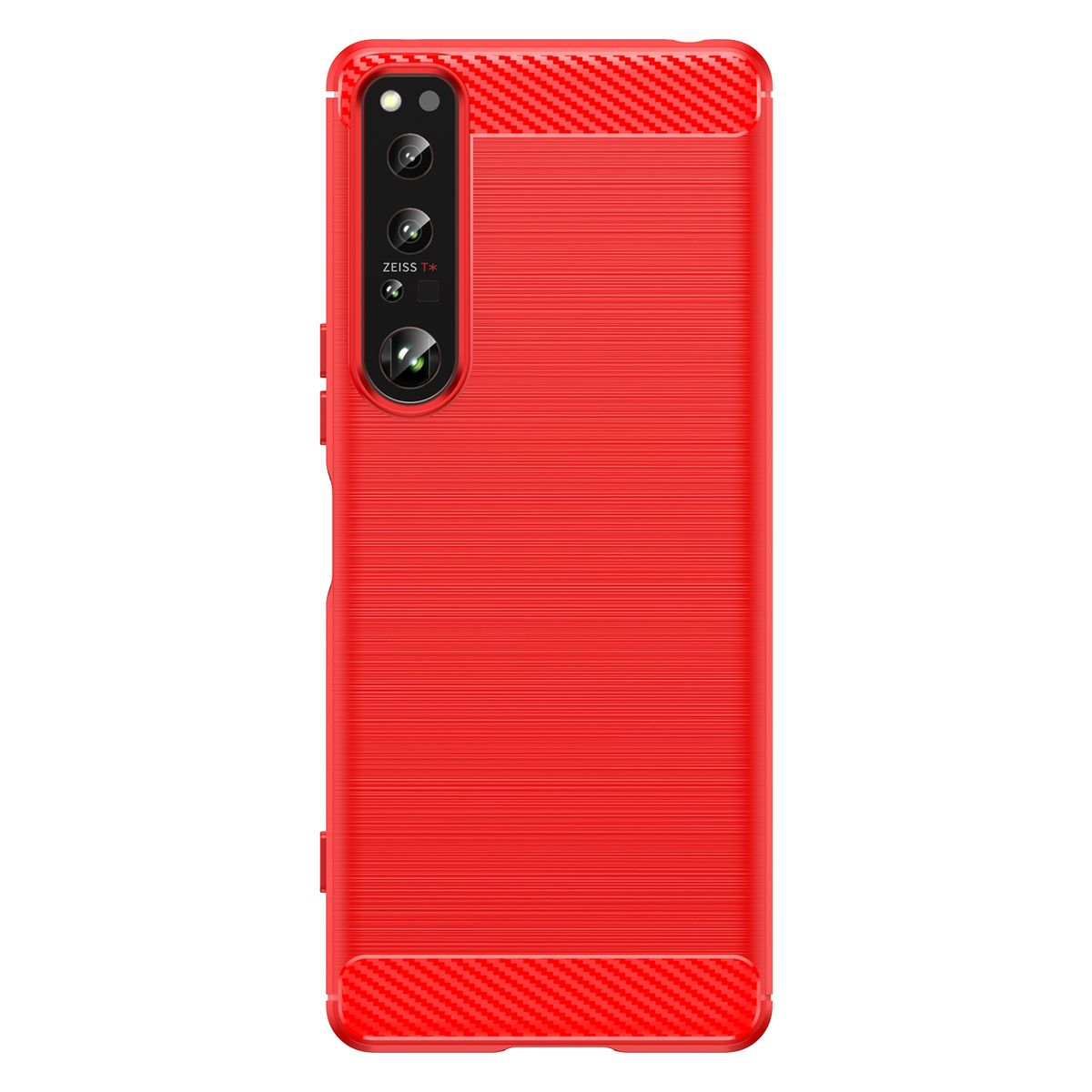 Rote Handyhülle mit Dreifachkamera und strukturiertem Design.