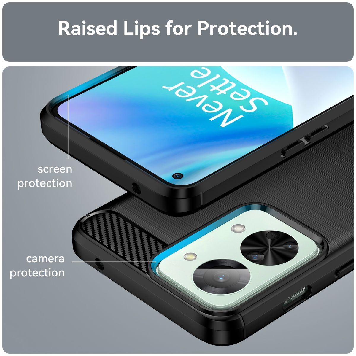 Nahaufnahme einer Handyhülle mit einem Telefon darin. Text: Raised Lips for Protection. Screen and camera protection.