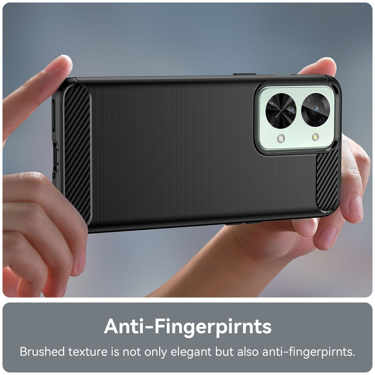 Telefonhülle wird gehalten, mit dem Text Anti-Fingerabdrücke.