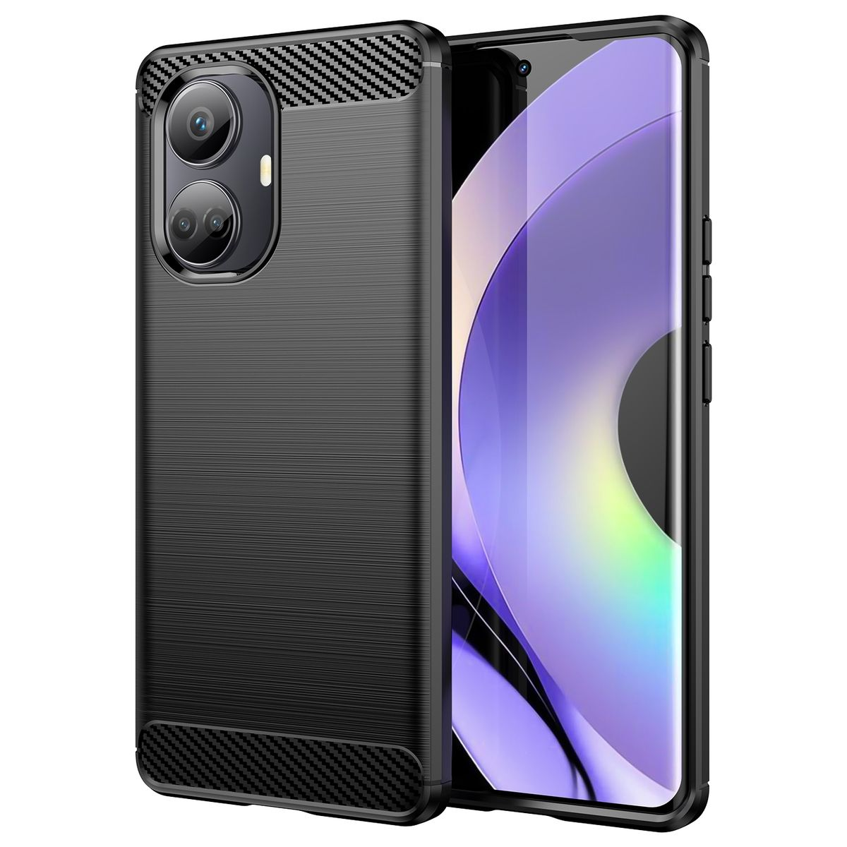 Schwarze Handyhülle mit Carbonfaser-Design. Das Telefon sitzt in der Hülle.