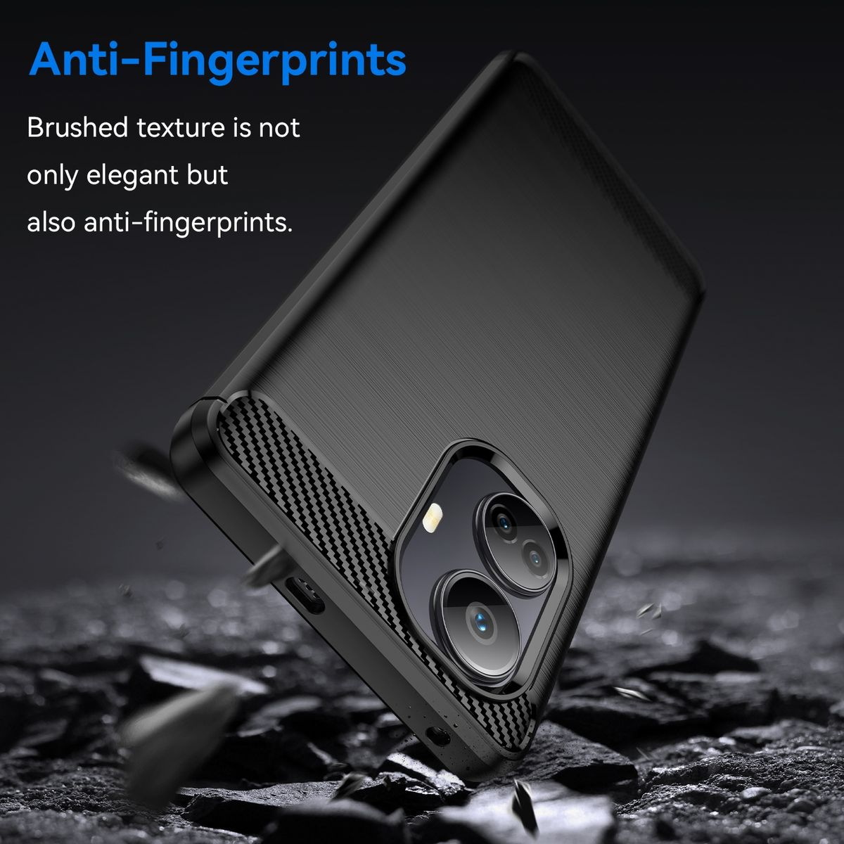 Schwarze Handyhülle fällt. Text 'Anti-Fingerprints'. Gebürstete Textur. Schwarzer Hintergrund.