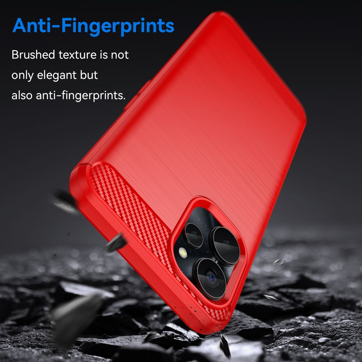 Rote Handyhülle mit Kameraausschnitt. Text: Anti-Fingerabdrücke. Gebürstete Textur ist elegant.