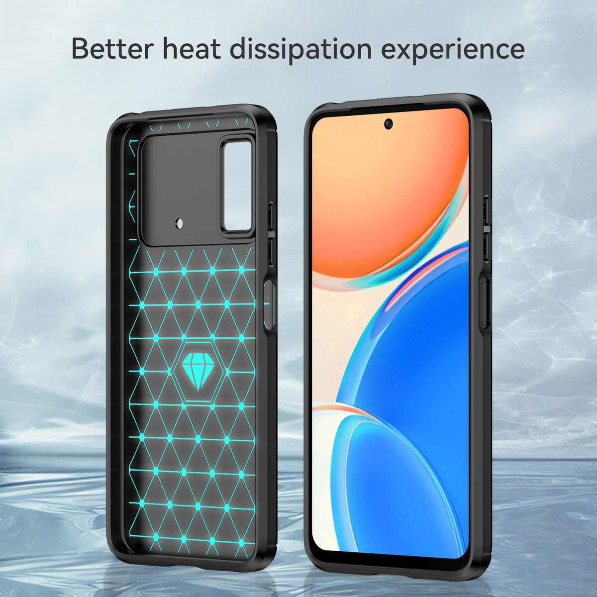 Zwei Handyhüllen, eine offen und eine geschlossen, zeigen ein Telefon im Inneren. Die offene zeigt ein Design.