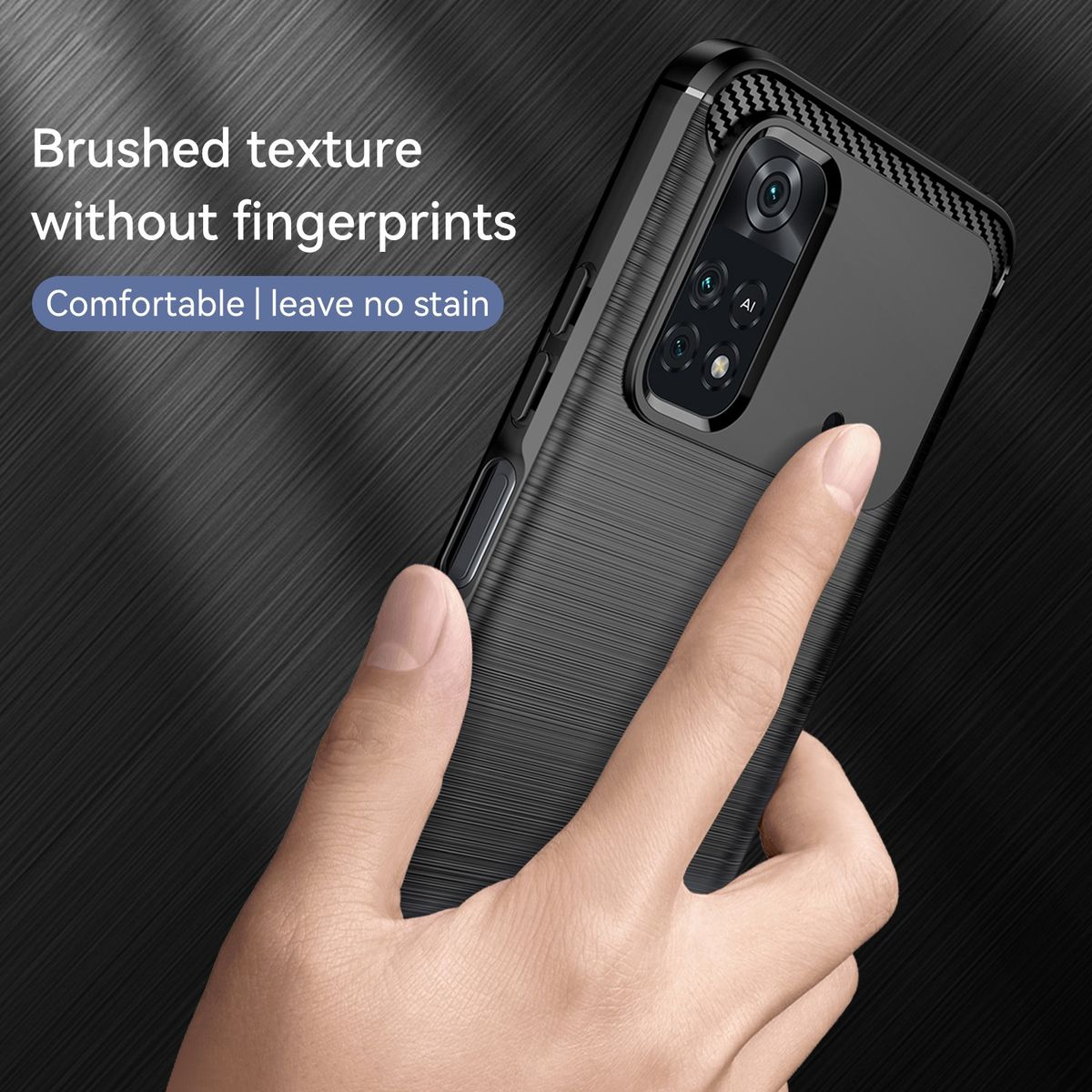 Schwarze Handyhülle, gebürstete Textur, Hand hält. Keine Fingerabdrücke, komfortables Design.