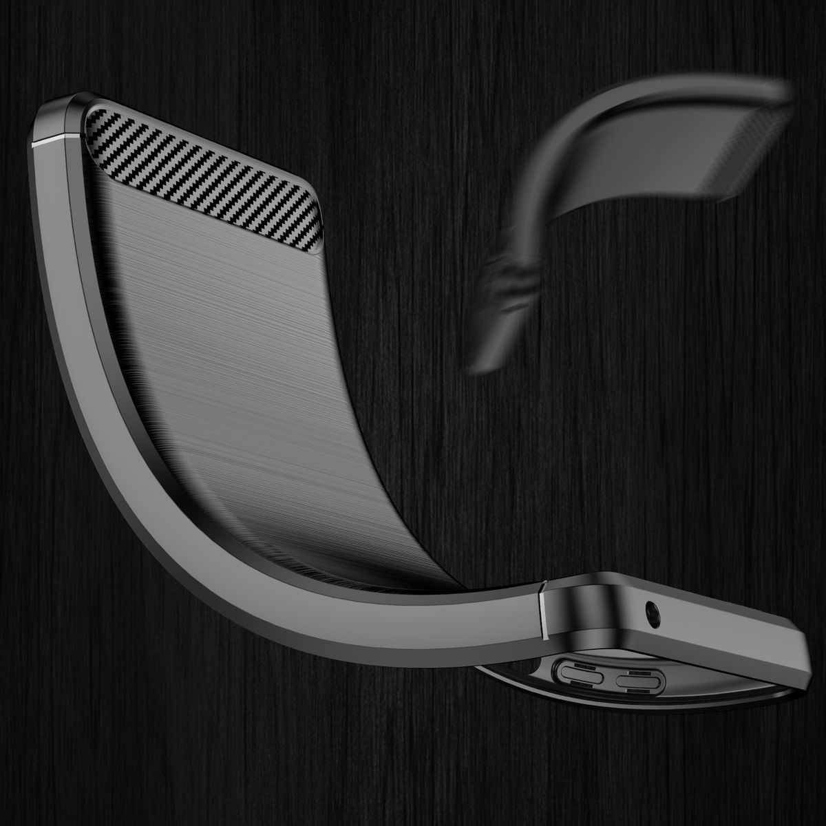 Schwarze Handyhülle, gebogen mit Carbonfaser-Design oben. Schwarzer Holzmaserungs-Hintergrund.