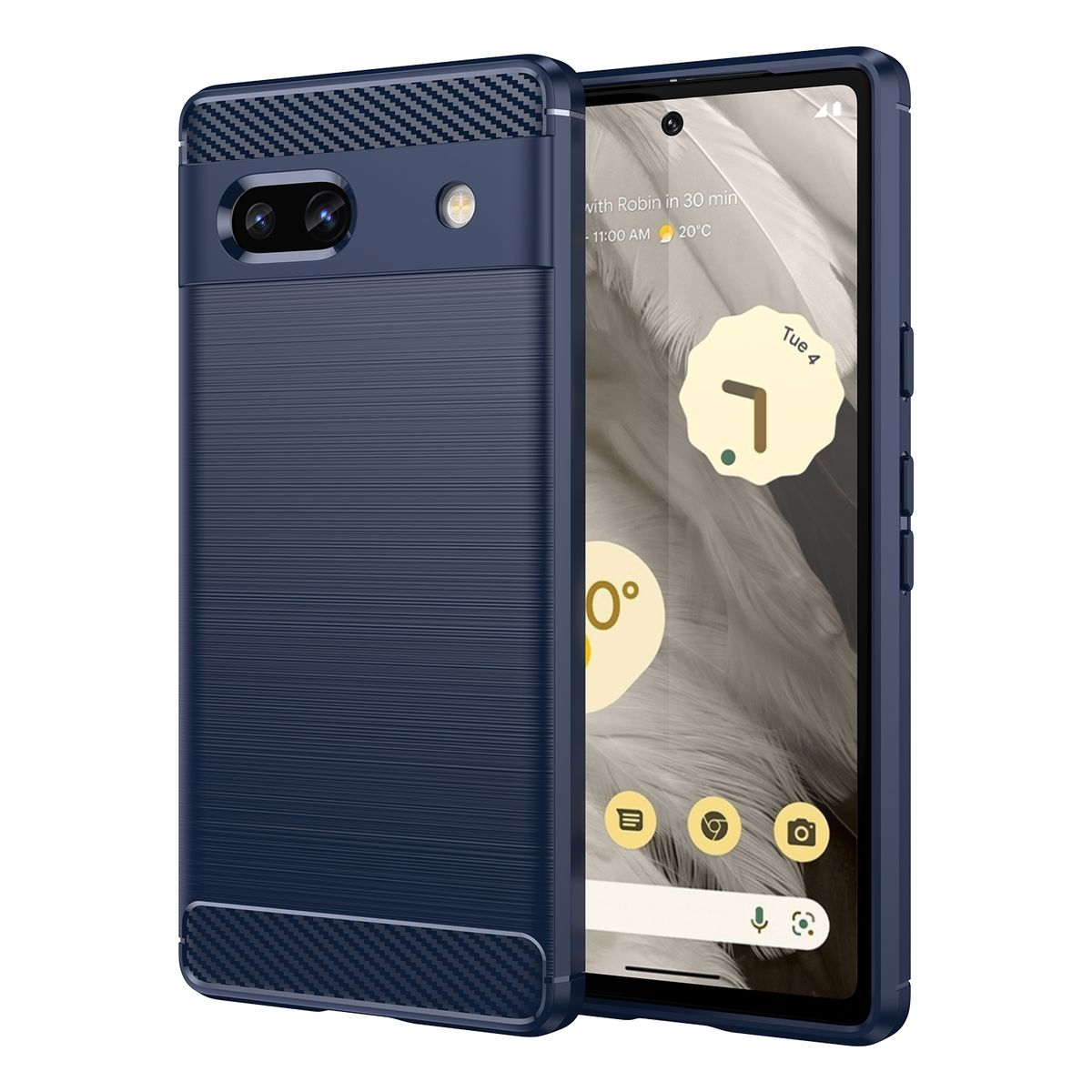Marineblaue Handyhülle, mit dem Telefon im Inneren. Zeigt die Kamera.