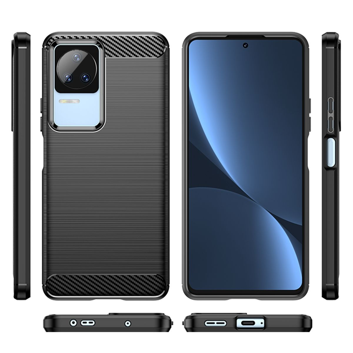 Schwarze Handyhülle mit Carbonfaser-Optik. Das Telefonbildschirm ist sichtbar.