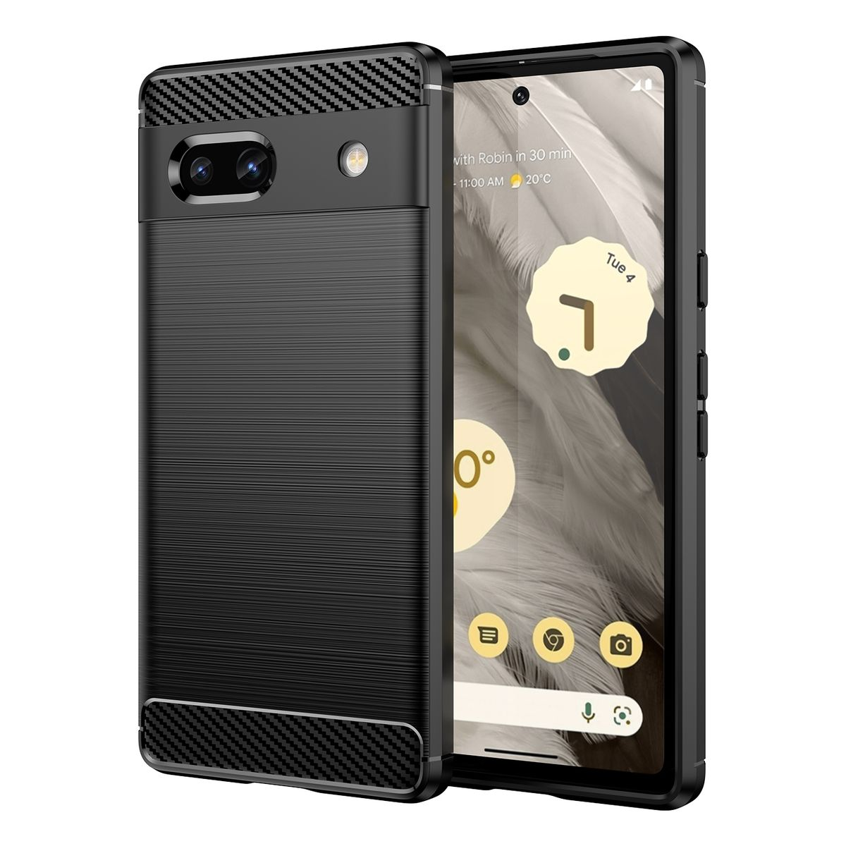 Schwarze Handyhülle auf einem Telefon. Die Hülle hat ein Kohlefaserdesign. Das Telefon hat einen Bildschirm mit App-Symbolen.