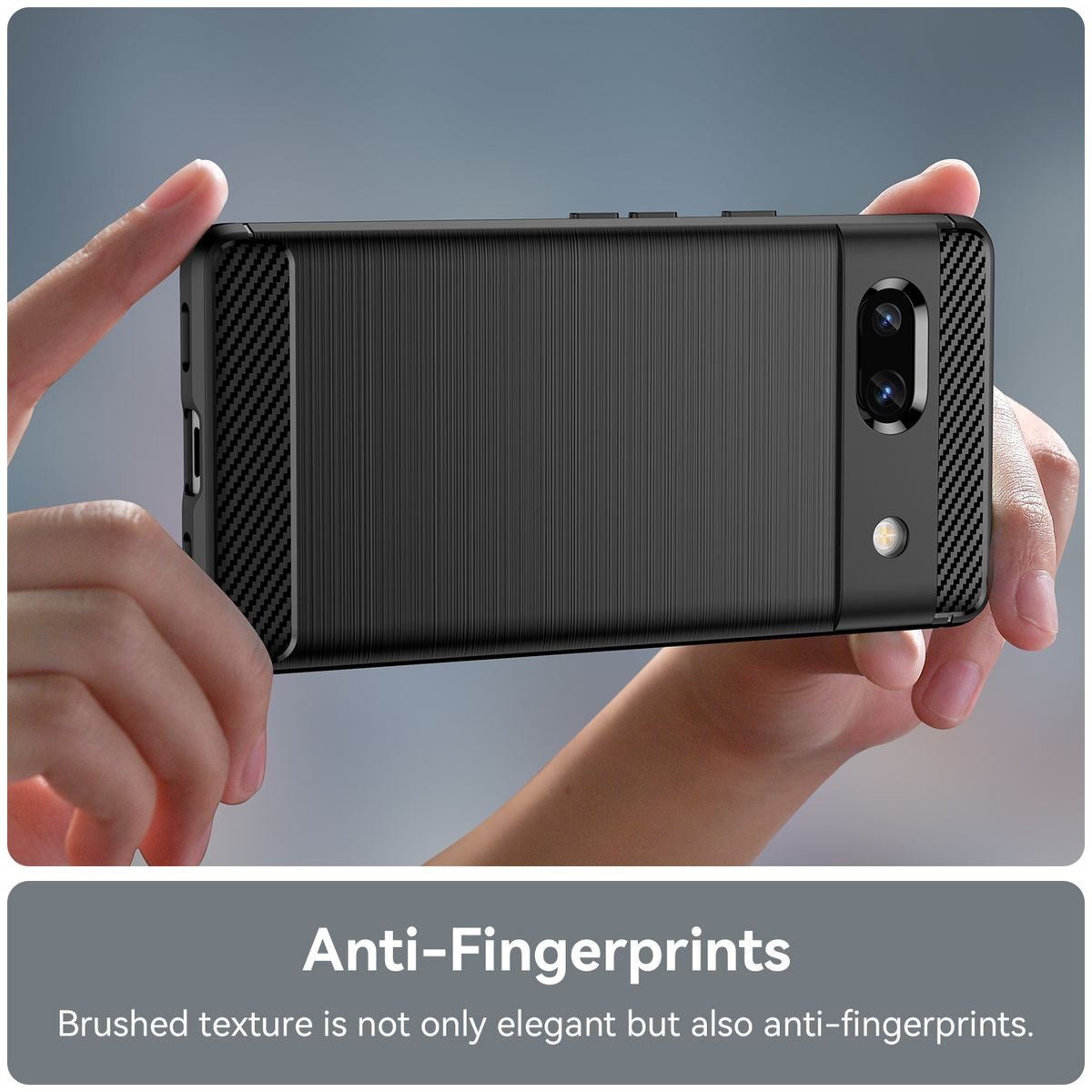 Hände halten eine schwarze Handyhülle. Anti-Fingerabdruck, gebürstete Textur für einen eleganten Look.